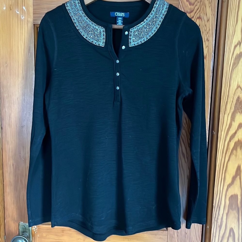 Chaps Beaded Knit Shirt Medium Black